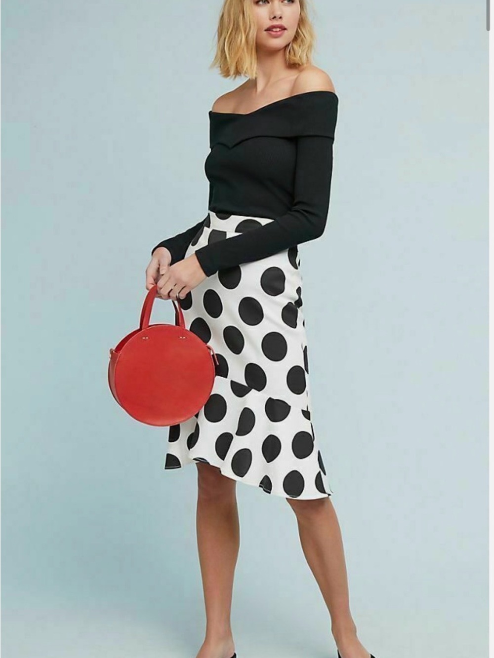 Maeve Black & White Polka Dot Midi Skirt